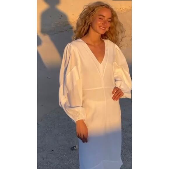#9p- DESERT QUEEN SARAH DRESS WHITE LINEN Sz:L Ret$300 - Picture 5 of 7